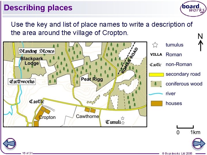 Describing places Use the key and list of place names to write a description