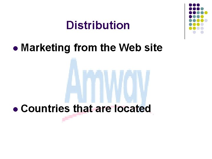 Distribution l Marketing from the Web site l Countries that are located 