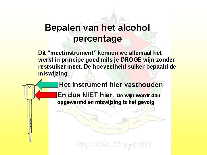 Bepalen van het alcohol percentage Dit “meetinstrument” kennen we allemaal het werkt in principe