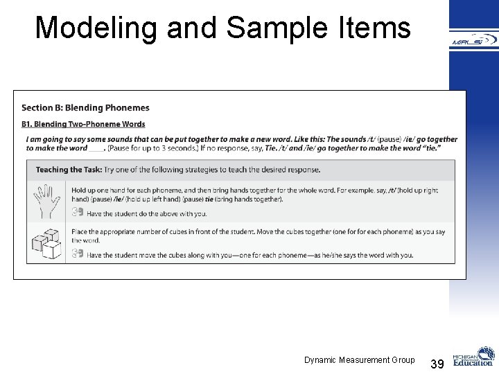 Modeling and Sample Items Dynamic Measurement Group 39 