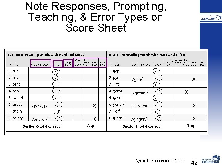 Note Responses, Prompting, Teaching, & Error Types on Score Sheet Dynamic Measurement Group 42