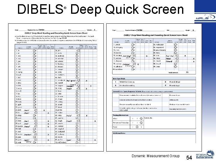 DIBELS Deep Quick Screen ® Dynamic Measurement Group 54 
