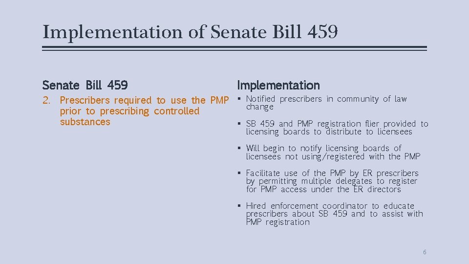 Implementation of Senate Bill 459 Implementation 2. Prescribers required to use the PMP §