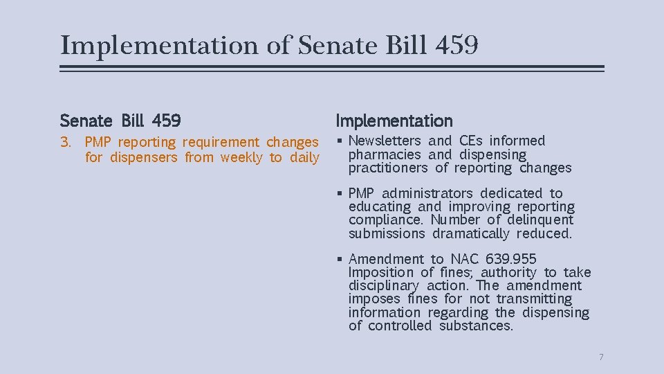 Implementation of Senate Bill 459 Implementation 3. PMP reporting requirement changes for dispensers from