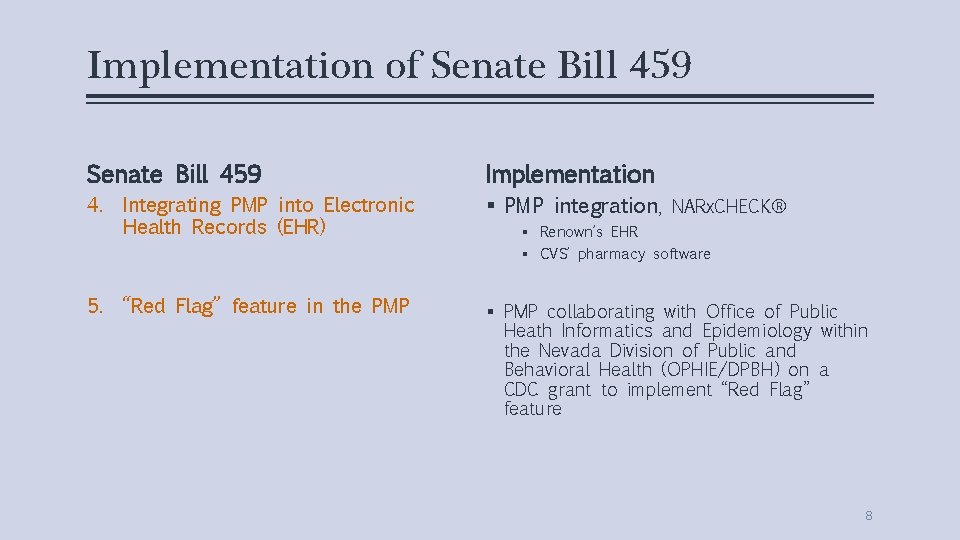 Implementation of Senate Bill 459 Implementation 4. Integrating PMP into Electronic Health Records (EHR)