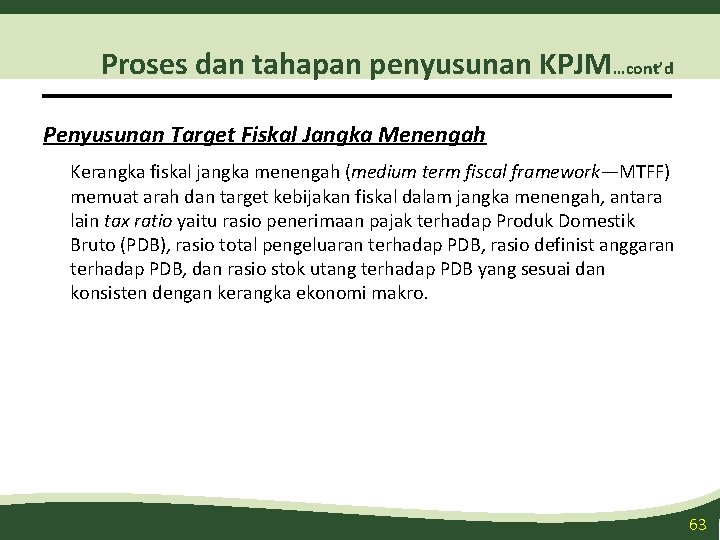 Proses dan tahapan penyusunan KPJM…cont’d Penyusunan Target Fiskal Jangka Menengah Kerangka fiskal jangka menengah