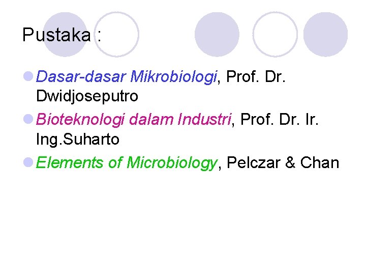 Pustaka : l Dasar-dasar Mikrobiologi, Prof. Dr. Dwidjoseputro l Bioteknologi dalam Industri, Prof. Dr.