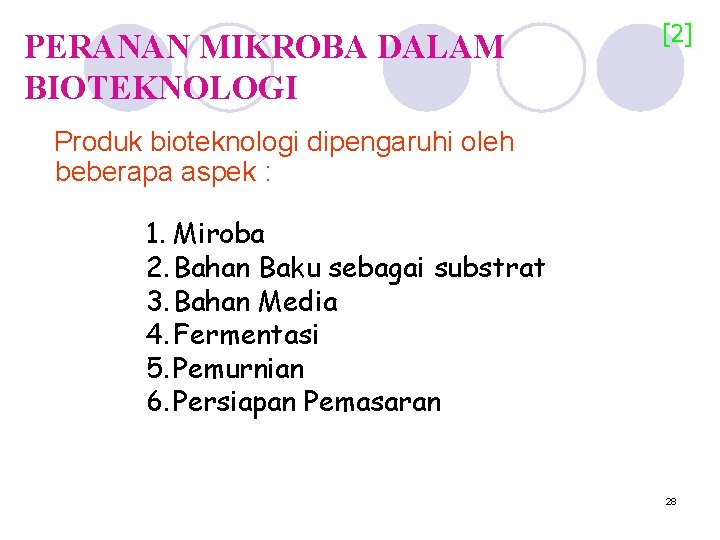 PERANAN MIKROBA DALAM BIOTEKNOLOGI [2] Produk bioteknologi dipengaruhi oleh beberapa aspek : 1. Miroba