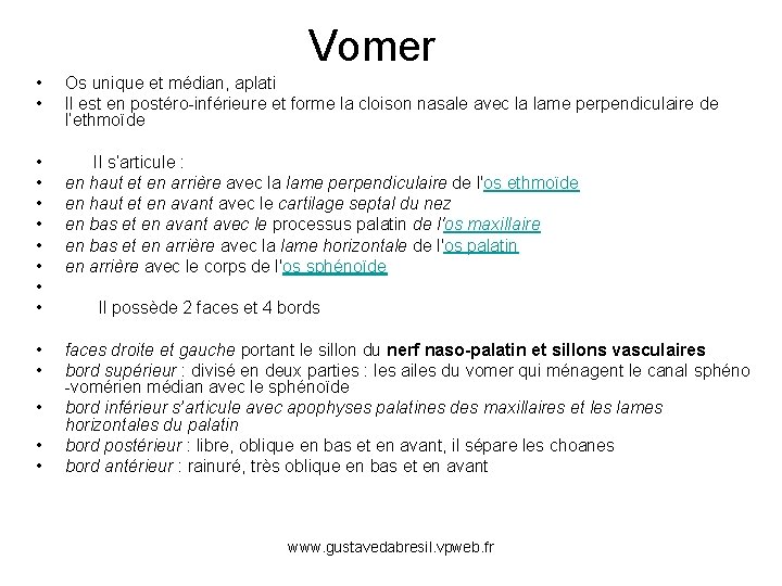 Vomer • • Os unique et médian, aplati Il est en postéro-inférieure et forme