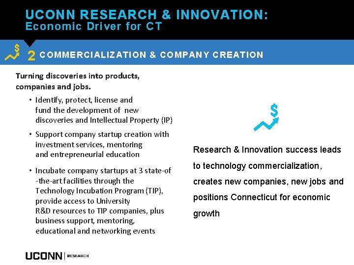 UCONN RESEARCH & INNOVATION: Economic Driver for CT 2 COMMERCIALIZATION & COMPANY CREATION Turning