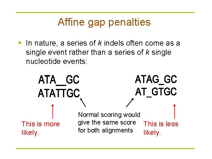 Affine gap penalties § In nature, a series of k indels often come as