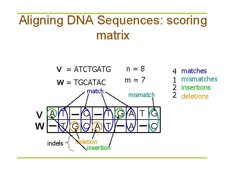Aligning DNA Sequences: scoring matrix V = ATCTGATG W = TGCATAC match n=8 m=7