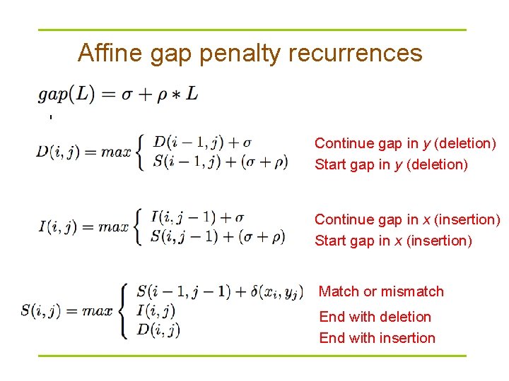 Affine gap penalty recurrences Continue gap in y (deletion) Start gap in y (deletion)