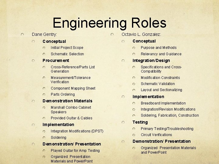 Engineering Roles Dane Gentry: Conceptual Octavio L. Gonzalez: Conceptual Initial Project Scope Purpose and