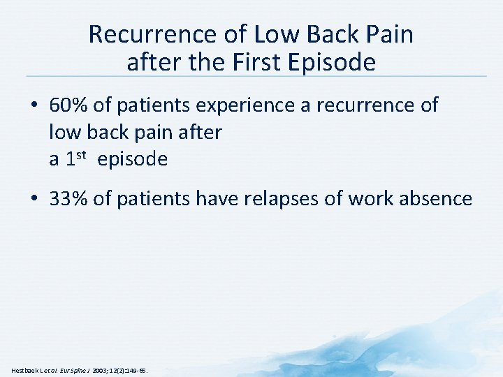 Recurrence of Low Back Pain after the First Episode • 60% of patients experience