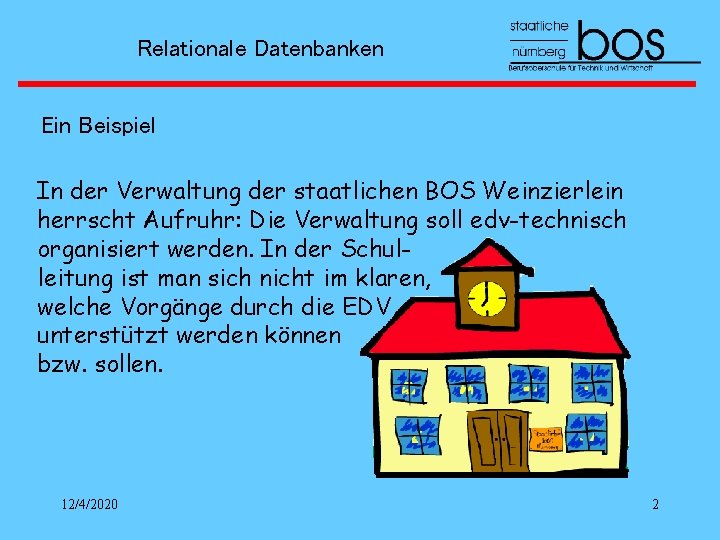Relationale Datenbanken Ein Beispiel In der Verwaltung der staatlichen BOS Weinzierlein herrscht Aufruhr: Die