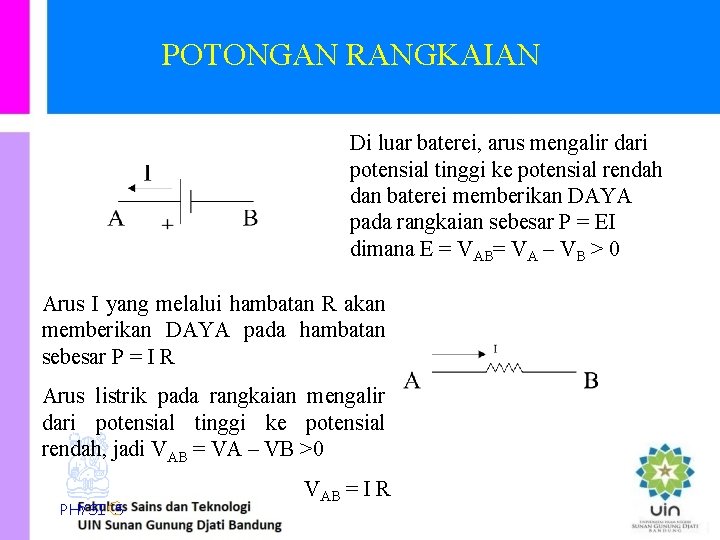 POTONGAN RANGKAIAN Di luar baterei, arus mengalir dari potensial tinggi ke potensial rendah dan