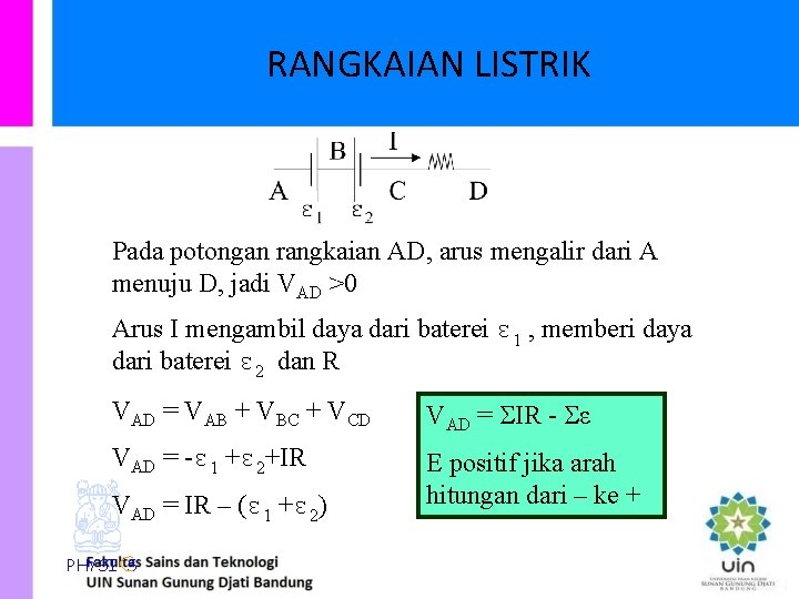 RANGKAIAN LISTRIK Pada potongan rangkaian AD, arus mengalir dari A menuju D, jadi VAD