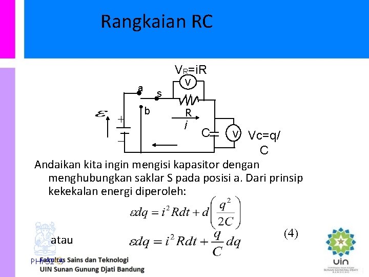 Rangkaian RC VR=i. R a + s b V R i C Vc=q/ C
