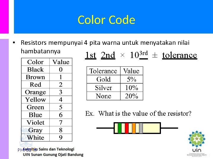 Color Code • Resistors mempunyai 4 pita warna untuk menyatakan nilai hambatannya 3 rd