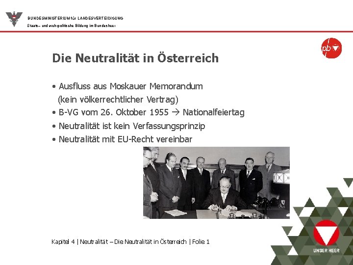 BUNDESMINISTERIUM für LANDESVERTEIDIGUNG Staats– und wehrpolitische Bildung im Bundesheer Die Neutralität in Österreich •