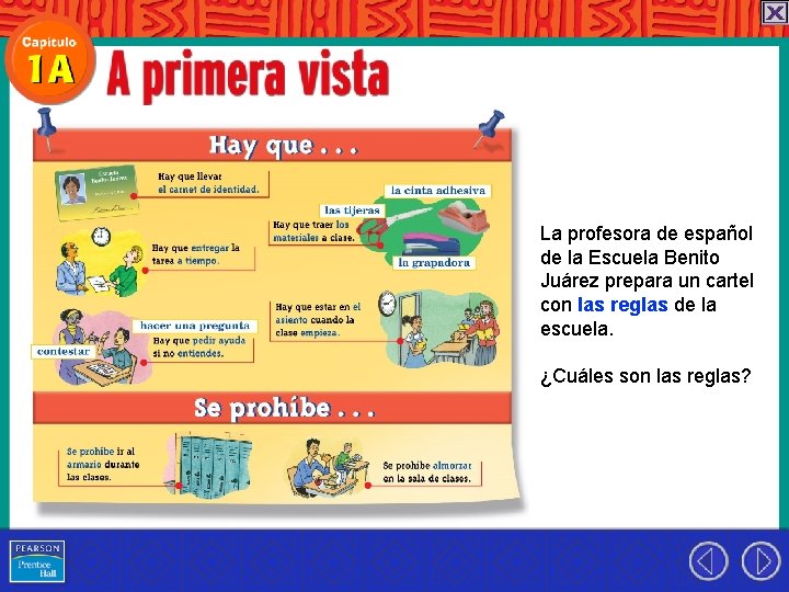 La profesora de español de la Escuela Benito Juárez prepara un cartel con las