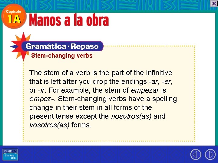 Stem-changing verbs The stem of a verb is the part of the infinitive that