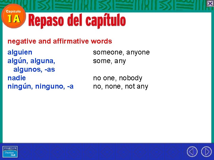 negative and affirmative words alguien algún, alguna, algunos, -as nadie ningún, ninguno, -a someone,