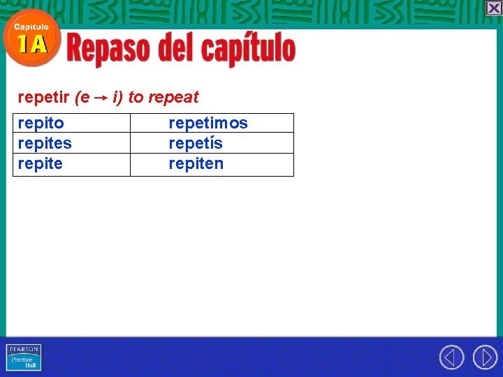 repetir (e repito repites repite i) to repeat repetimos repetís repiten 