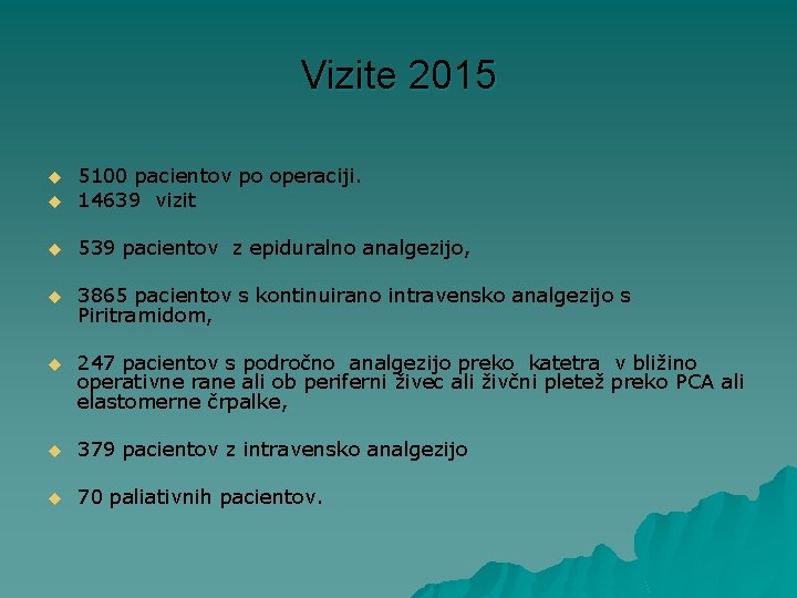 Vizite 2015 u 5100 pacientov po operaciji. 14639 vizit u 539 pacientov z epiduralno