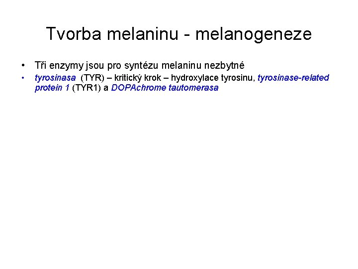 Tvorba melaninu - melanogeneze • Tři enzymy jsou pro syntézu melaninu nezbytné • tyrosinasa