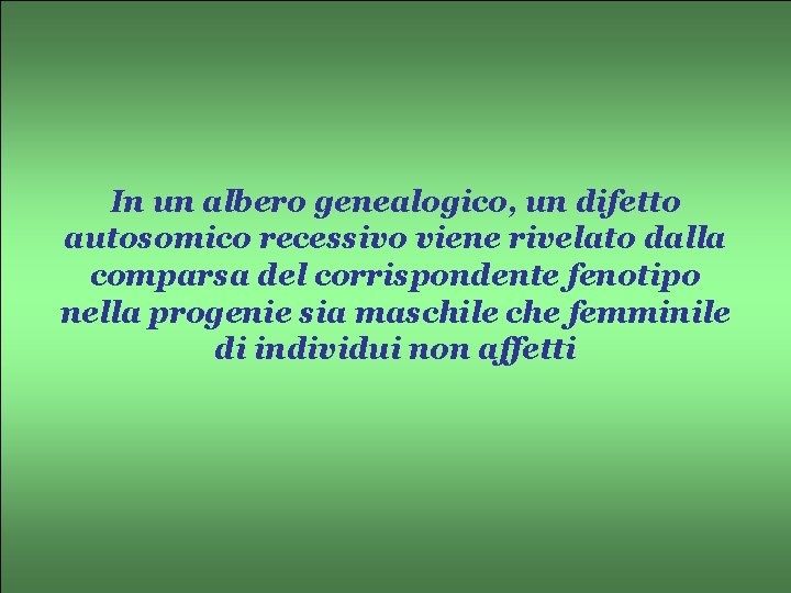 In un albero genealogico, un difetto autosomico recessivo viene rivelato dalla comparsa del corrispondente