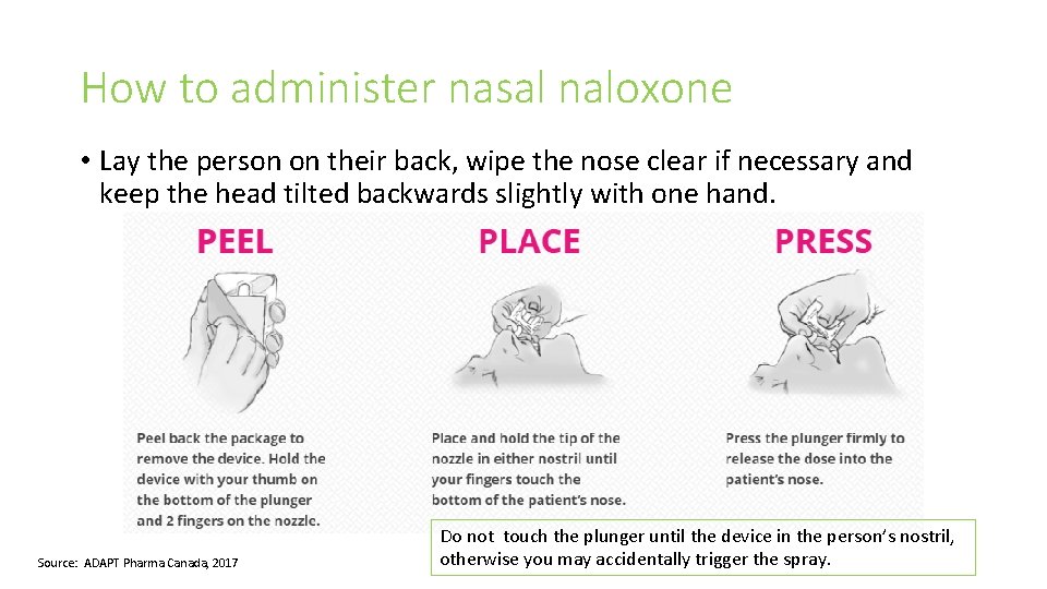 How to administer nasal naloxone • Lay the person on their back, wipe the