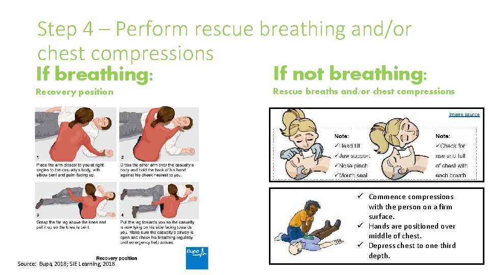 Step 4 – Perform rescue breathing and/or chest compressions If breathing: If not breathing: