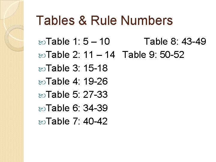 Tables & Rule Numbers Table 1: 5 – 10 Table 8: 43 -49 Table