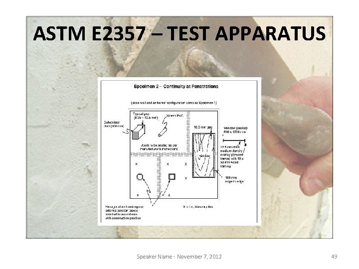 ASTM E 2357 – TEST APPARATUS Speaker Name - November 7, 2012 49 