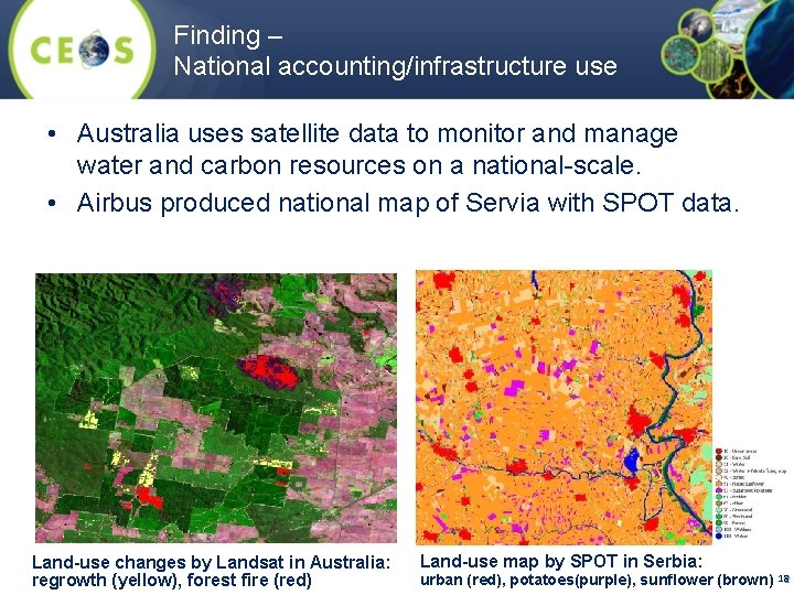 Finding – National accounting/infrastructure use • Australia uses satellite data to monitor and manage