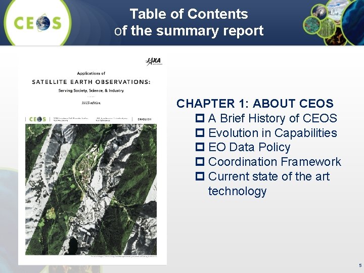 Table of Contents of the summary report CHAPTER 1: ABOUT CEOS p A Brief
