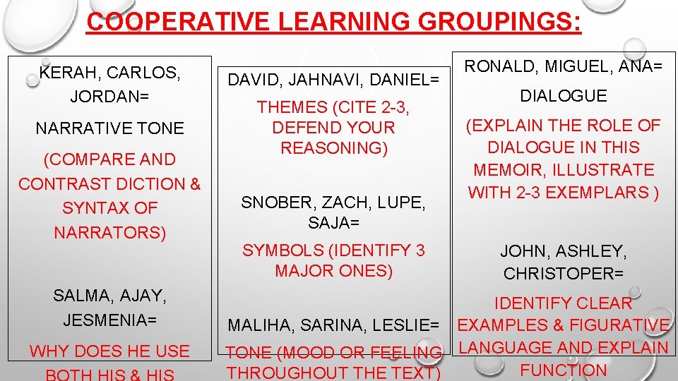 COOPERATIVE LEARNING GROUPINGS: KERAH, CARLOS, JORDAN= NARRATIVE TONE (COMPARE AND CONTRAST DICTION & SYNTAX