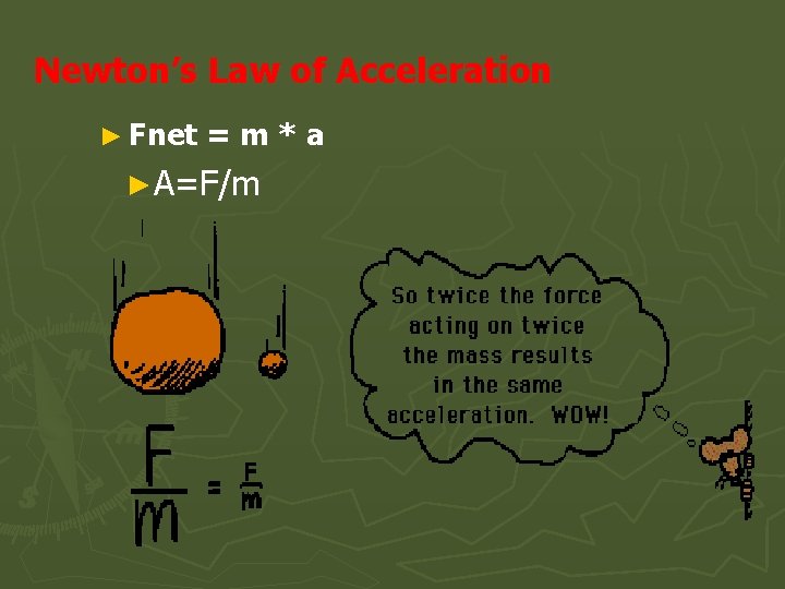 Newton’s Law of Acceleration ► Fnet =m*a ►A=F/m 