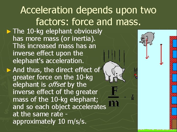 Acceleration depends upon two factors: force and mass. ► The 10 -kg elephant obviously