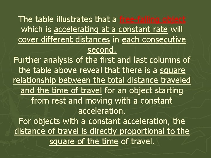 The table illustrates that a free-falling object which is accelerating at a constant rate