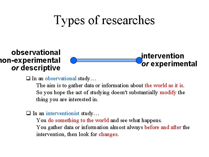 Types of researches observational non-experimental or descriptive intervention or experimental q In an observational