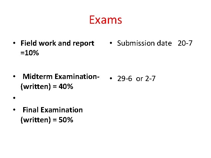 Exams • Field work and report =10% • Submission date 20 -7 • Midterm