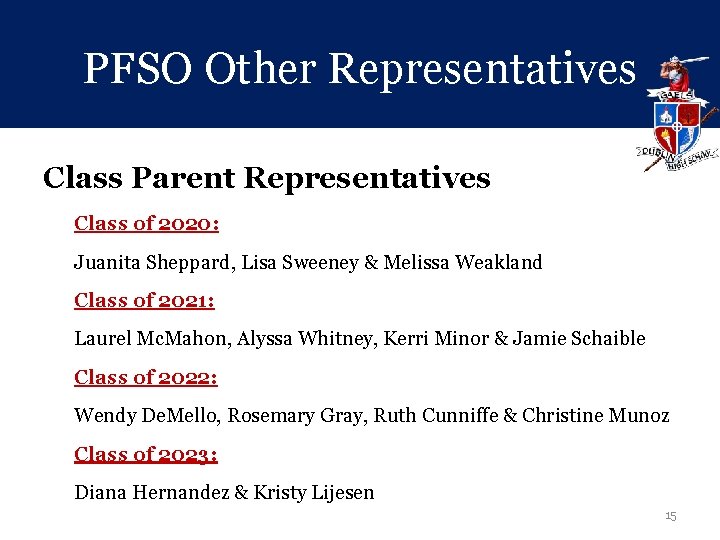 PFSO Other Representatives Class Parent Representatives Class of 2020: Juanita Sheppard, Lisa Sweeney &