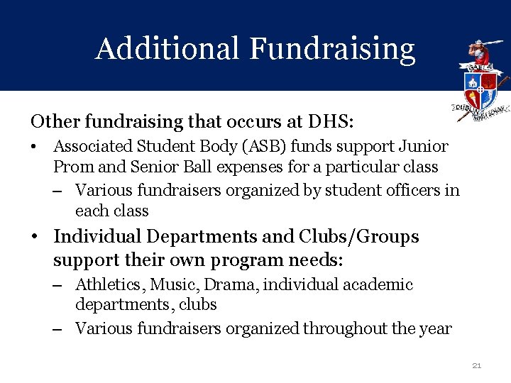 Additional Fundraising Other fundraising that occurs at DHS: • Associated Student Body (ASB) funds