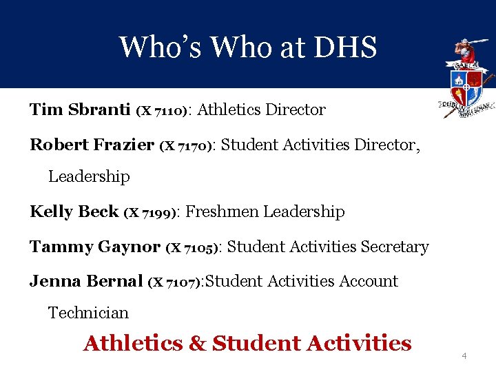 Who’s Who at DHS Tim Sbranti (X 7110): Athletics Director Robert Frazier (X 7170):