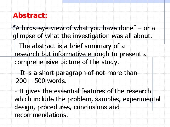 Abstract: “A birds-eye-view of what you have done” – or a glimpse of what