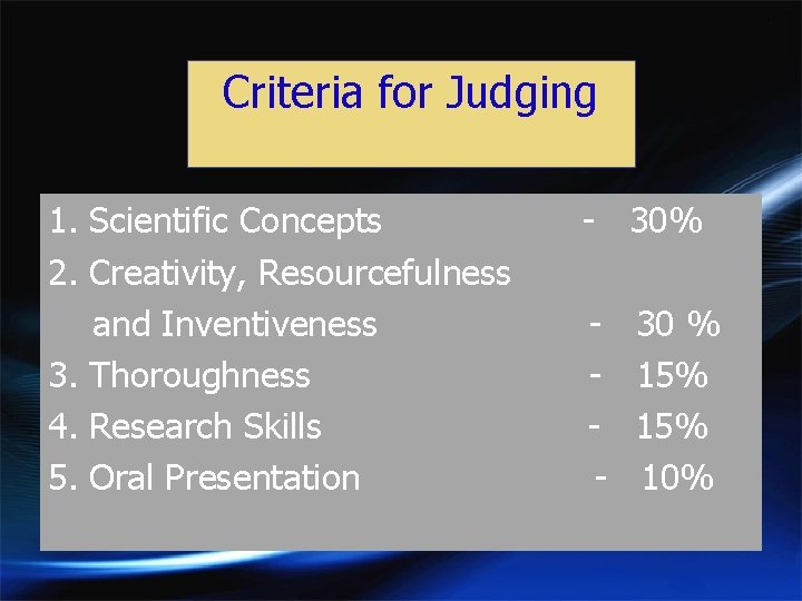 Criteria for Judging 1. Scientific Concepts - 30% 2. Creativity, Resourcefulness and Inventiveness -