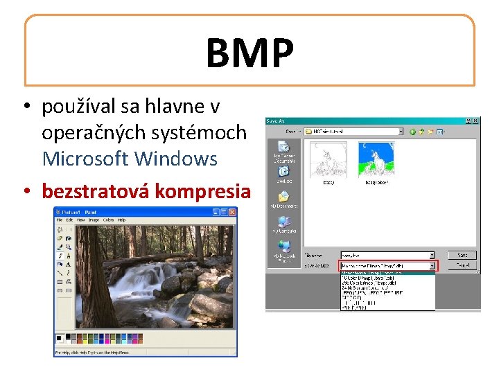 BMP • používal sa hlavne v operačných systémoch Microsoft Windows • bezstratová kompresia 